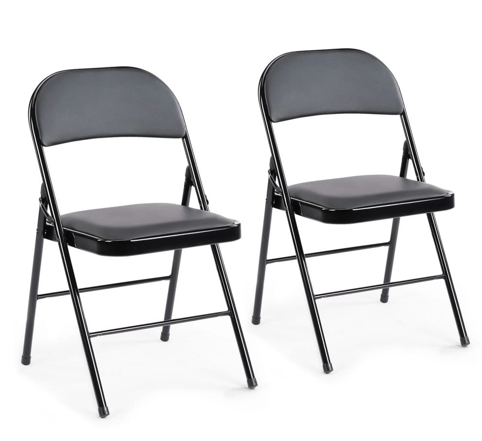 concetta 2 pack folding chair, indoor outdoor portable stackable commercial leather padded seat for home, office, party, black