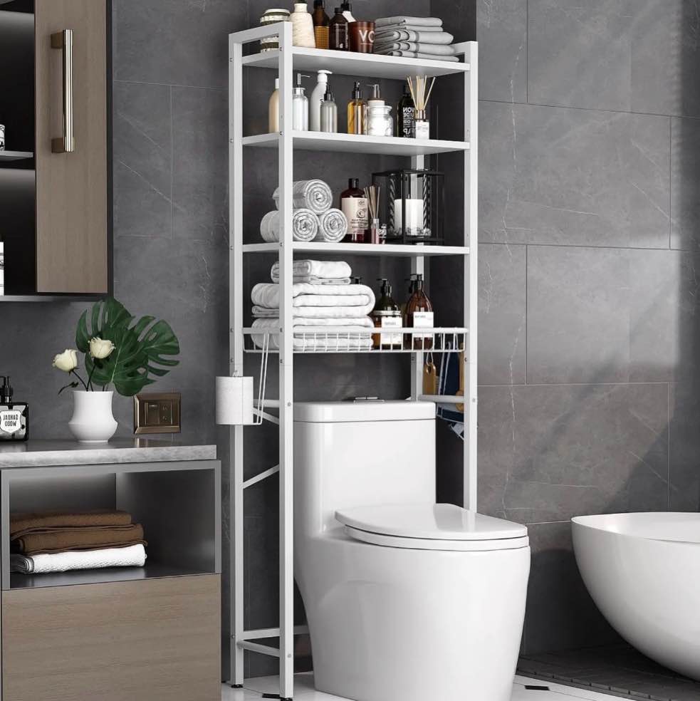 biemlerfn over the toilet storage shelf, 4-tier wooden bathroom organizer adjustable saver space rack with toilet paper holder, pure white