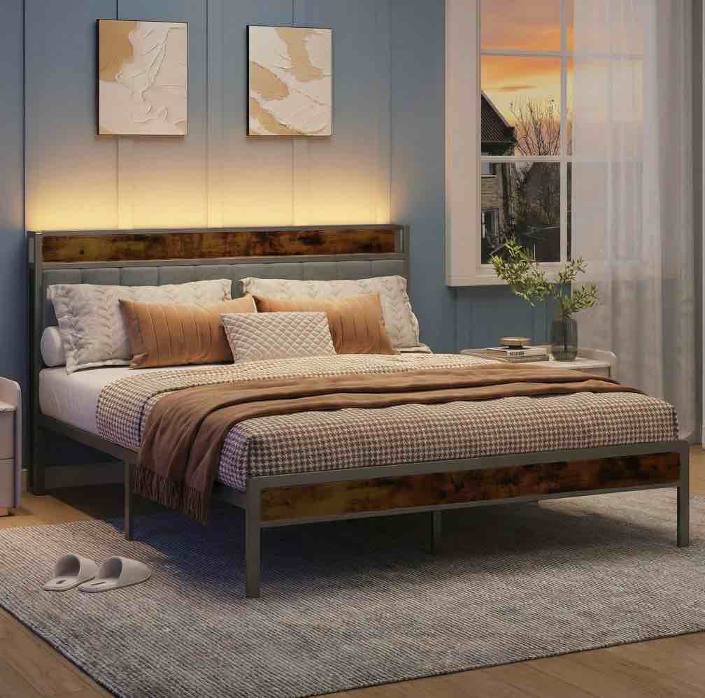 dowellia full size bed frame with upholstered storage headboard and wood footboard, gray