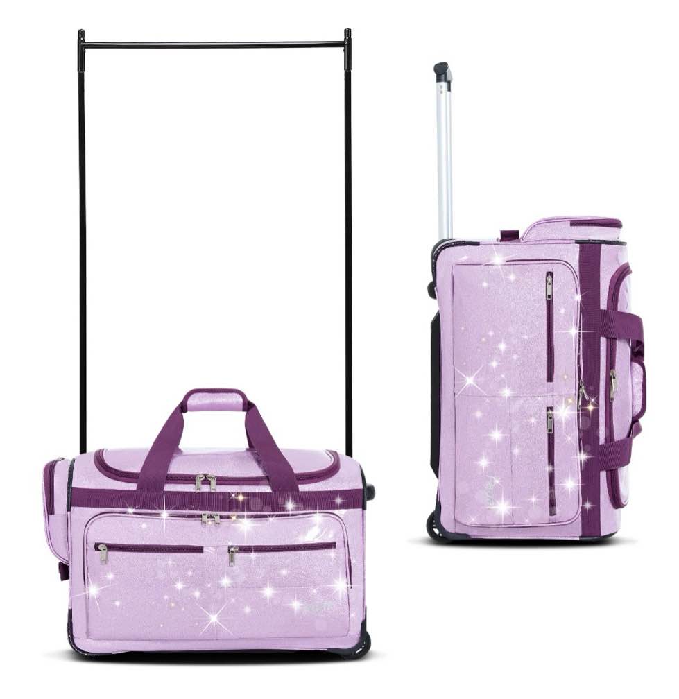fegat dance bag with garment rack,23"glitter bright rolling dance duffel bag lightweight competition bag costume suitcase for dancers performer artist, shine glitter purple