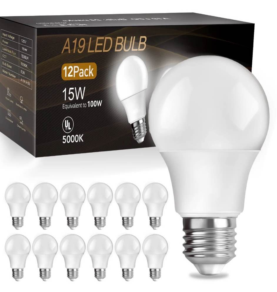 daybetter a19 led light bulbs  100w equivalent 5000k daylight  15w 1500 lumens e26 standard base ul listed lighting for bedroom living room home office 12 pack