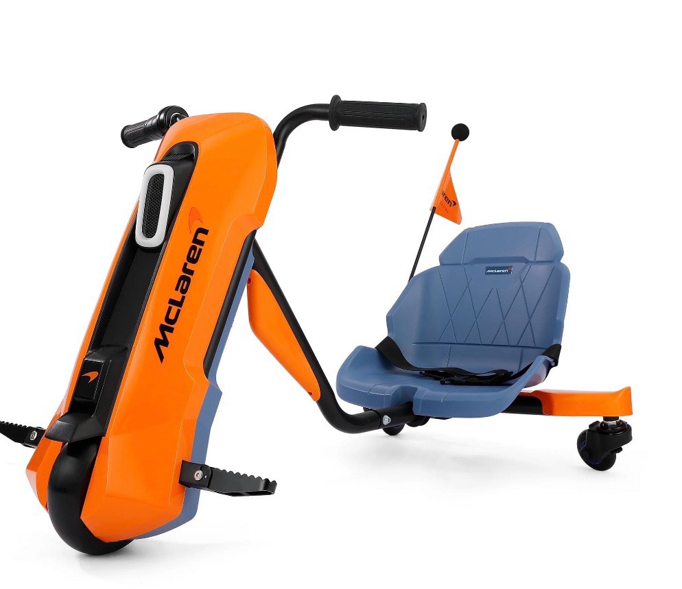 mclaren licensed 24v ride on toys,drift kart for kids, 6.5 mph max,360° spin electric go kart for kids, 3 adjustable seat, music, bluetooth,orange