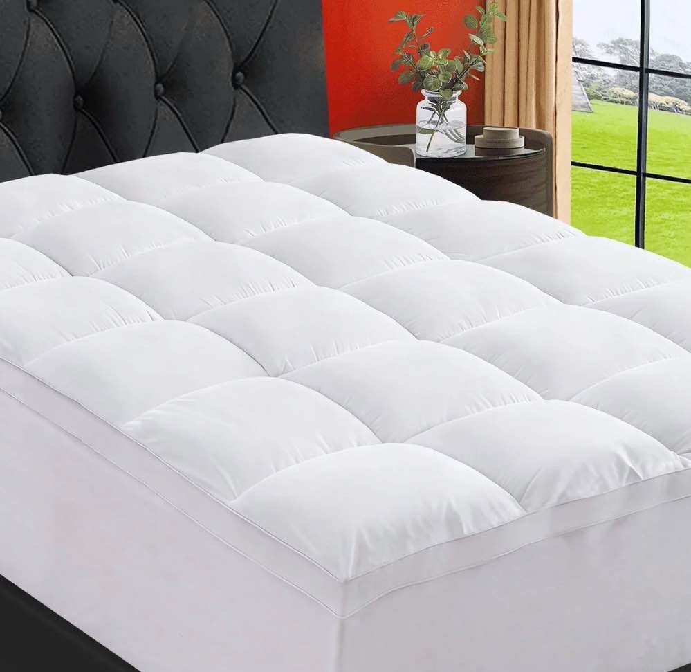 emonia 100% 400tc mattress topper queen for back pain, 900gsm mattress pad pillow top, quilted fitted mattress protector cover with 8-21" deep elastic pocket, soft comfort breathable (white, queen)