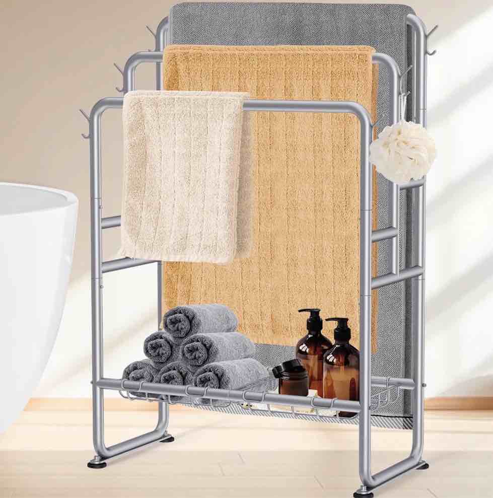 KAYFIA 40" H Free Standing Towel Rack with 2 Storage Baskets & 6 Hooks, 3 Tier Silver Metal Towel Stand for Extra Large Towel, Modern Industrial Blanket Ladder Display and Drying Rack for Bathroom