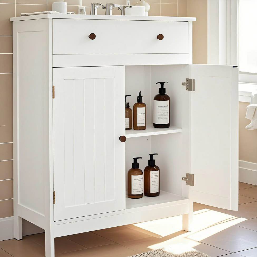 ktaxon bathroom floor cabinet  freestanding storage cupboard w/ drawer and 2 doors  mdf white