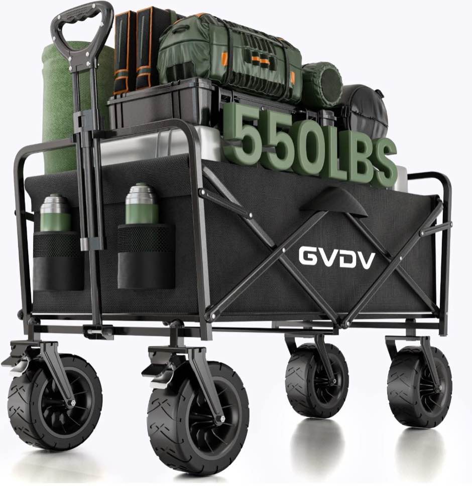 gvdv collapsible folding wagon, 550lbs large heavy duty utility cart with all-terrain wheels and adjustable handles for shopping, camping, sports, outdoor, beach, black
