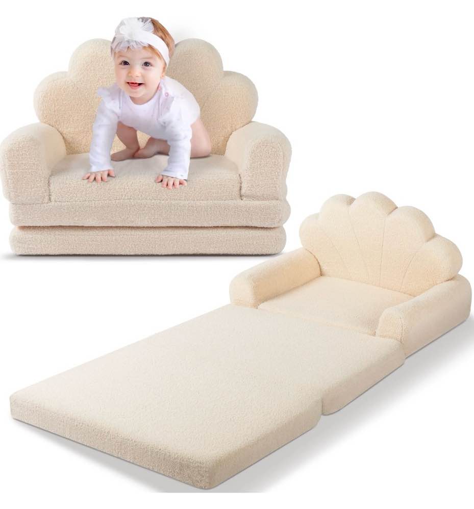 spanspace kids chairs for toddler,flip-out 2-in-1 convertible chair to lounger for girls and boys, teddy fleece fabric,cream