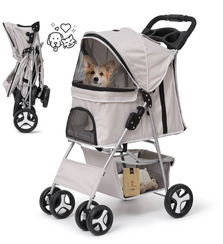naipo pet dog stroller for small dogs and cats,one-click folding 4-wheel pet stroller with storage basket/cup holder,for travel/jogging, gray