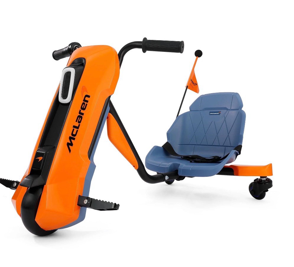 mclaren licensed 24v ride on toys,drift kart for kids, 6.5 mph max,360° spin electric go kart for kids, 3 adjustable seat, music, bluetooth,orange