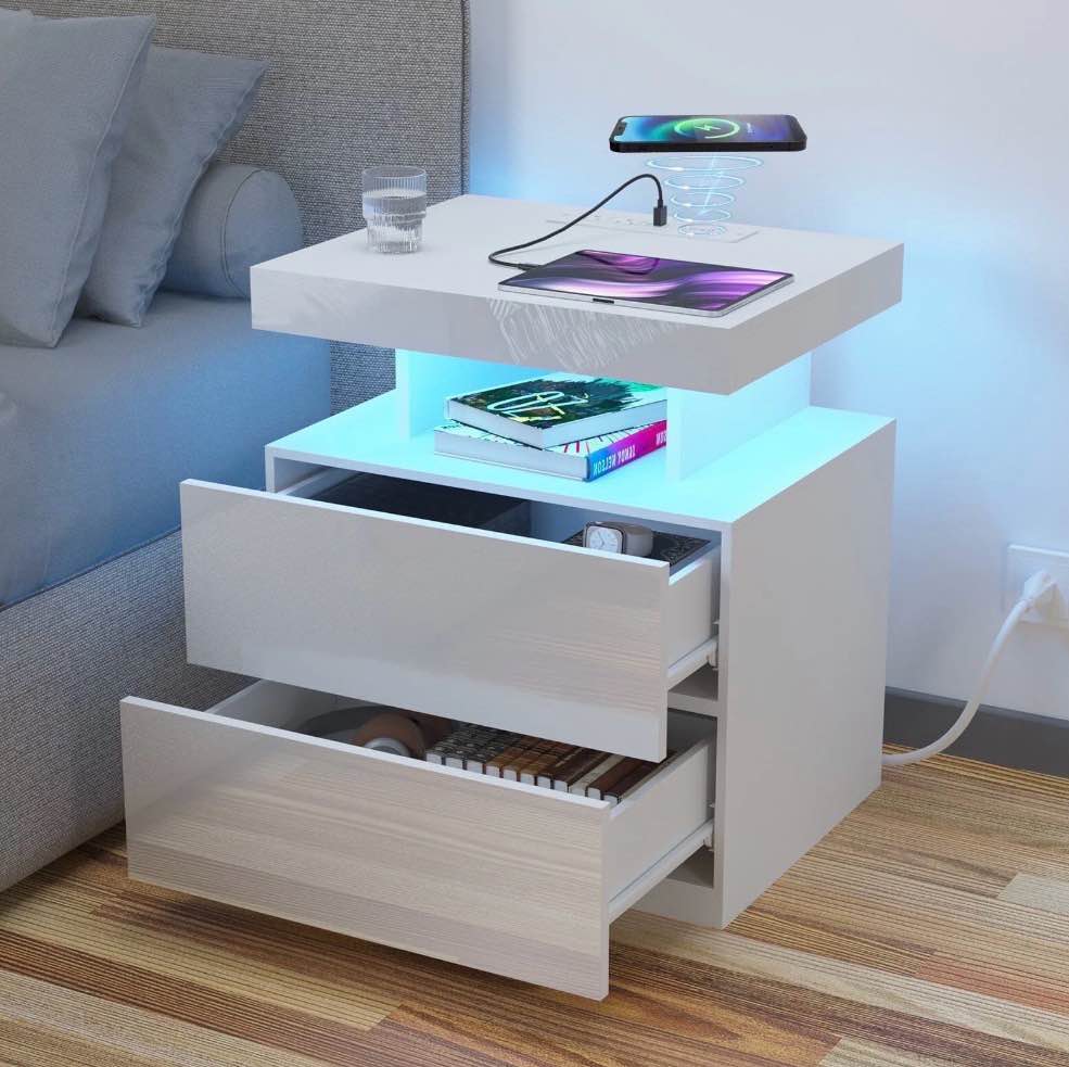 hommpa led nightstand with wireless charging station modern nightstand type c usb port 2 drawers bedside table white smart night table high gloss end side table for bedroom furniture 22.3" tall