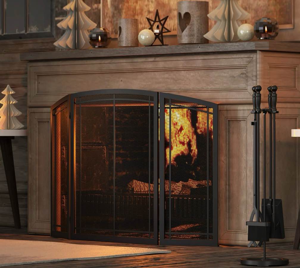 firebeauty fireplace screen 3 panel wrought iron black metal 48"(l) x30(h) spark guard cover (modern)