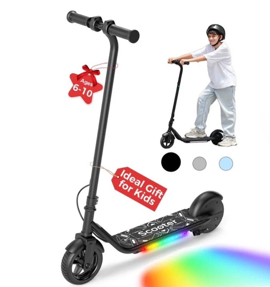 iscooter electric scooter for teens kids 6-10, 150w kids escooter with pedal breathing light & 6 / 10 mph for boys girls black