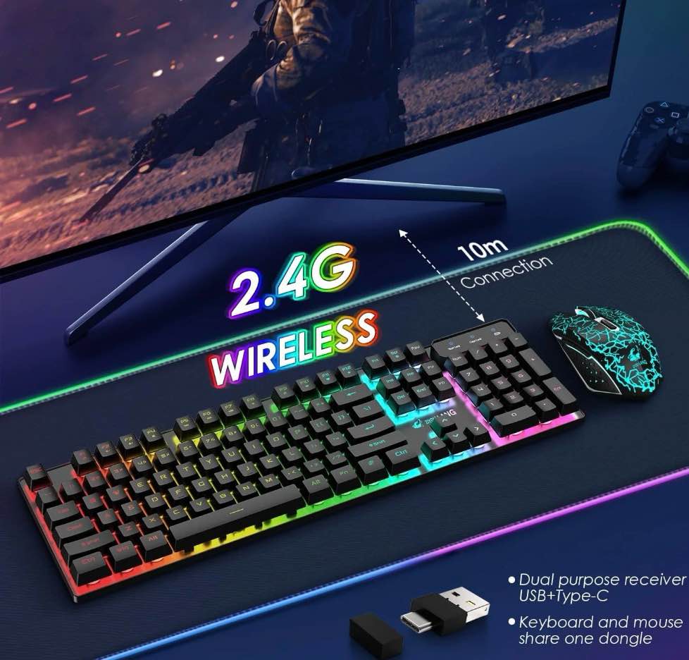 t3 wireless gaming keyboard and mouse combo rainbow backlight rechargeable mouse for computer