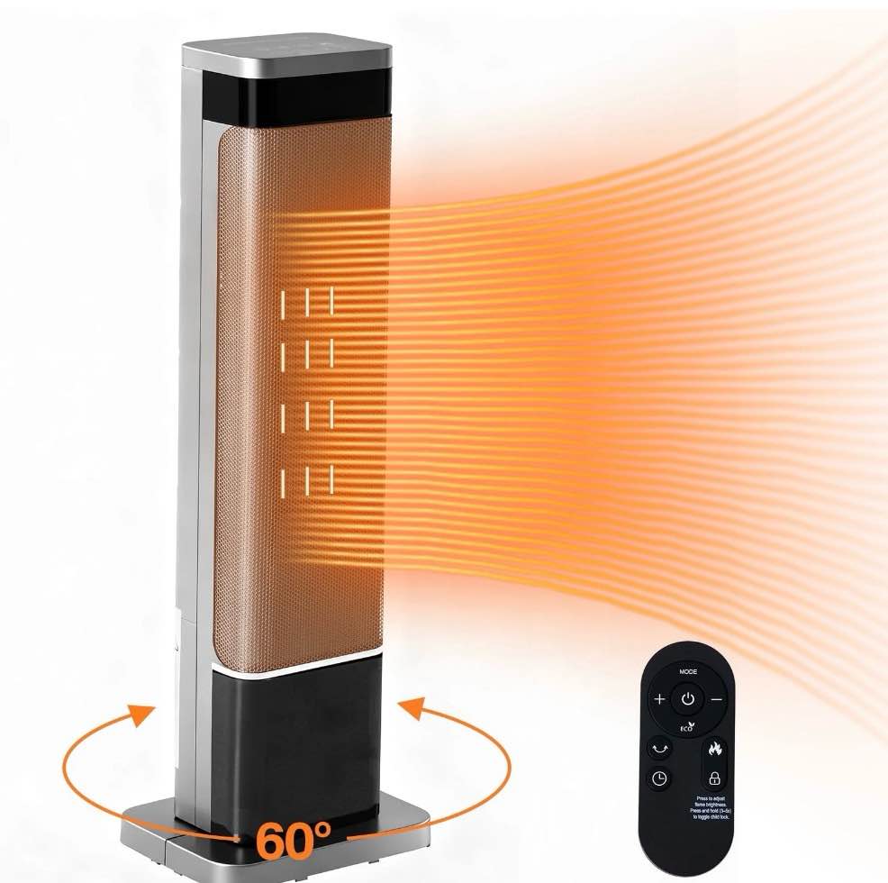 edx 24" space heater for indoor use, fast heating electric heater with 60° oscillation, thermostat & remote, safety overheat & tip-over protection, portable for bedroom, office