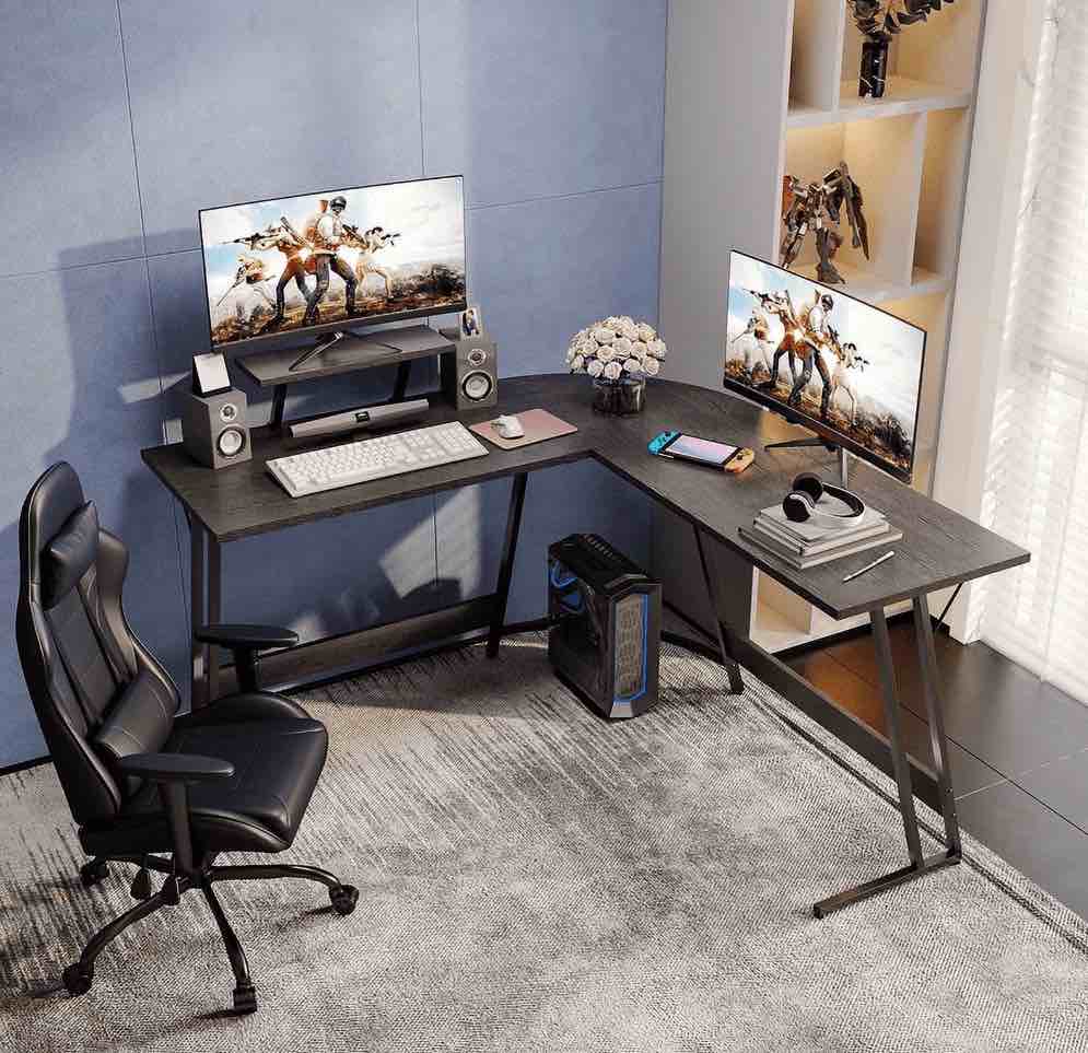 homall l-shaped gaming desk 51 inches corner office gaming desk with removable monitor riser classical black