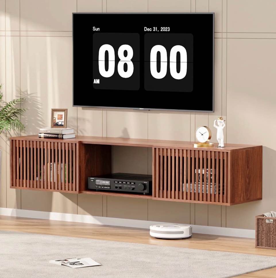 hommpa floating tv stand for 65/75/80 inch tv, mid century modern wall mounted tv console with storage shelf & 2 slatted doors, media console entertainment center for living room, bedroom,walnut