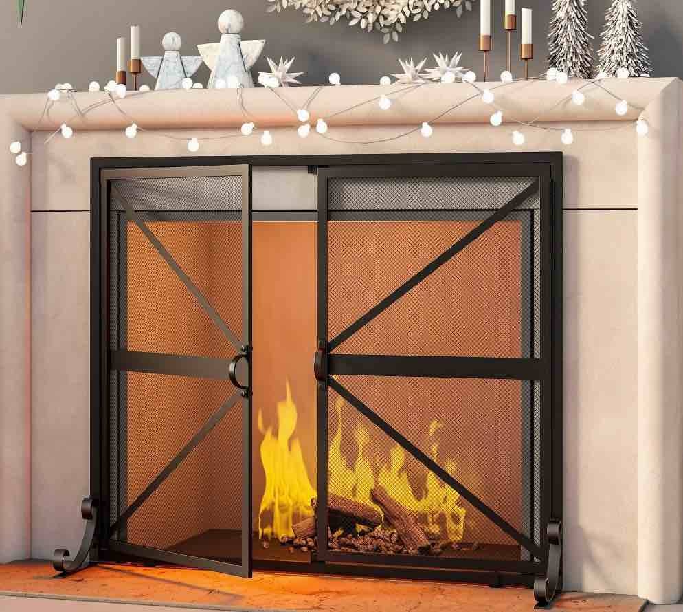 Fire Beauty Fireplace Screen with Doors, 2-Pannel Handcrafted Solid Wrought Iron Decorative Mesh,Baby Safe Proof Firewood Burning Stove Accessories(Black)