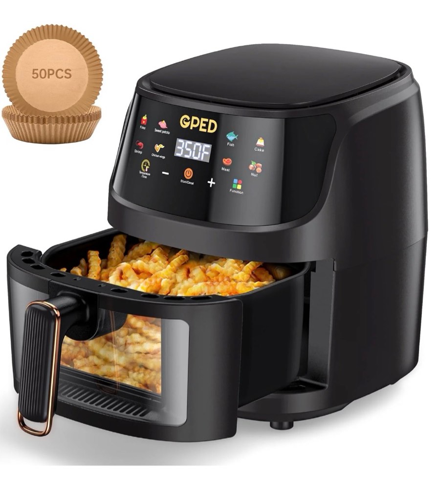 gped air fryer, 7.5 qt 8-in-1 oilless air fryer oven with visible cooking window, nonstick and dishwasher-safe basket, customized temp/time, including air fryer paper liners 50pcs, black