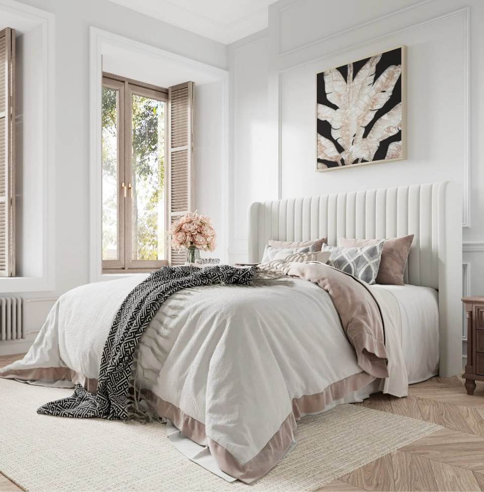 amolife queen size velvet upholstered bed with wingback headboard, off-white