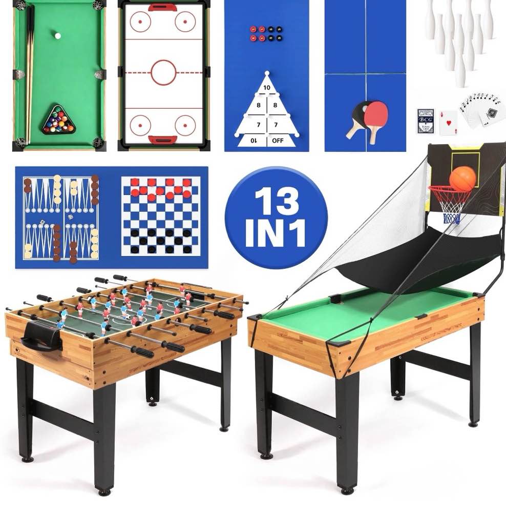 gvdv 13-in-1 multi game table,48"combo game table with basketball,foosball,billiards,shuffleboard,bowling,table tennis,chess and more for game room