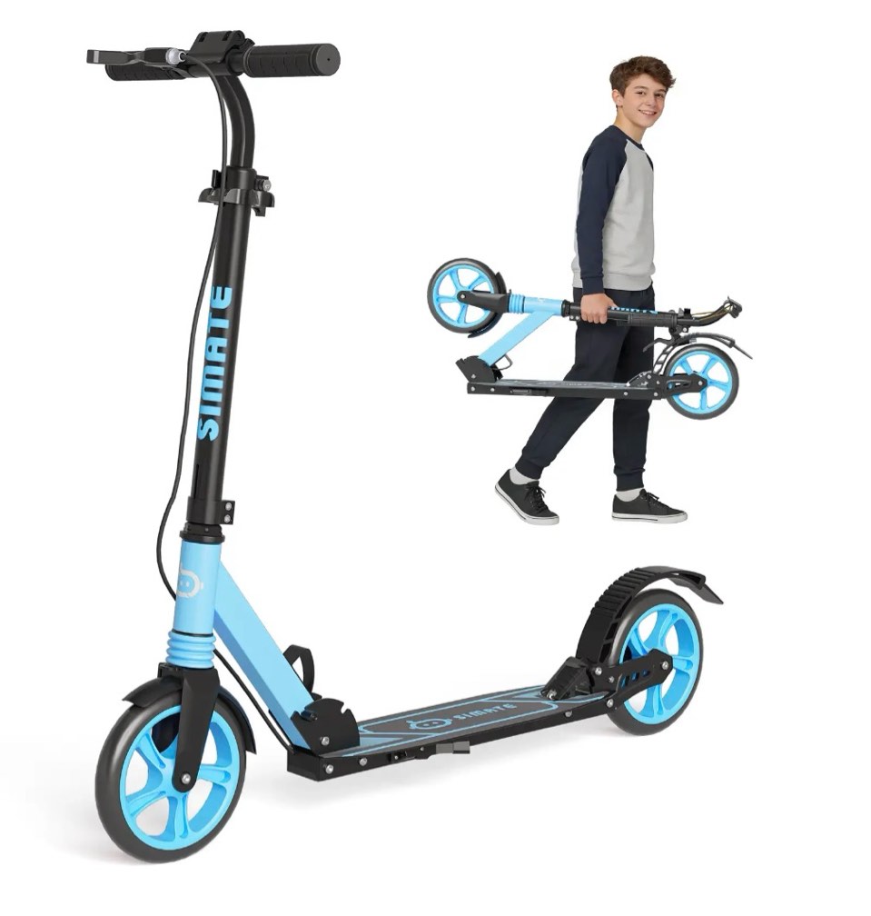 simate kick scooter with dual brakes for teens,adults & kids ages 6+,dual suspension foldable lightweight scooter with wide deck,8 in big wheels,max load 240 lbs
