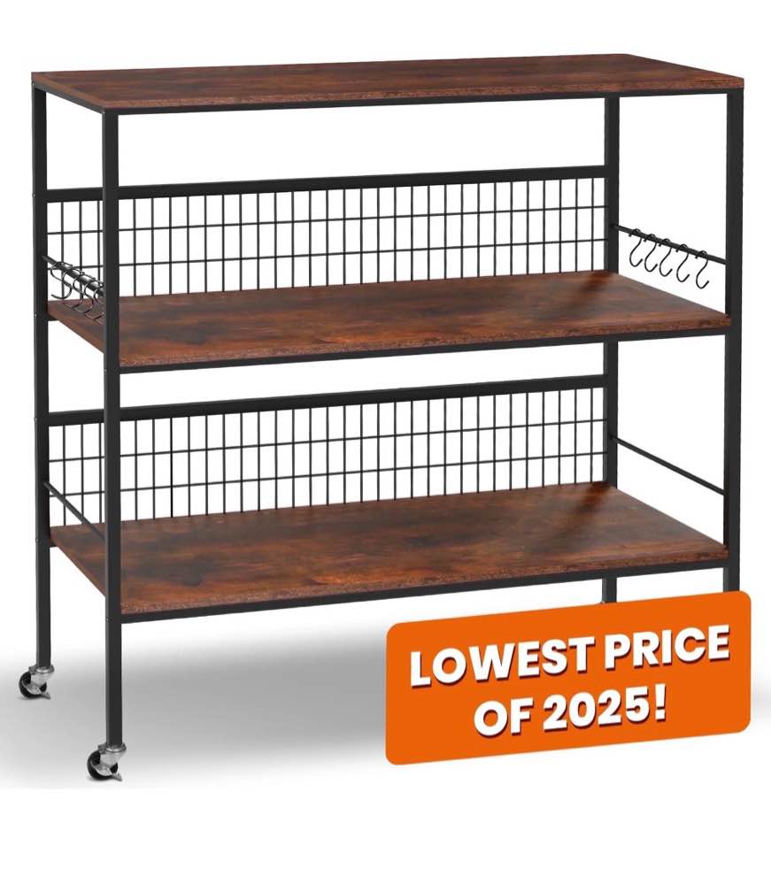 40" wheeled kitchen storage cart island with shelves, copedvic 3-tier kitchen bakers rack with 10 hooks