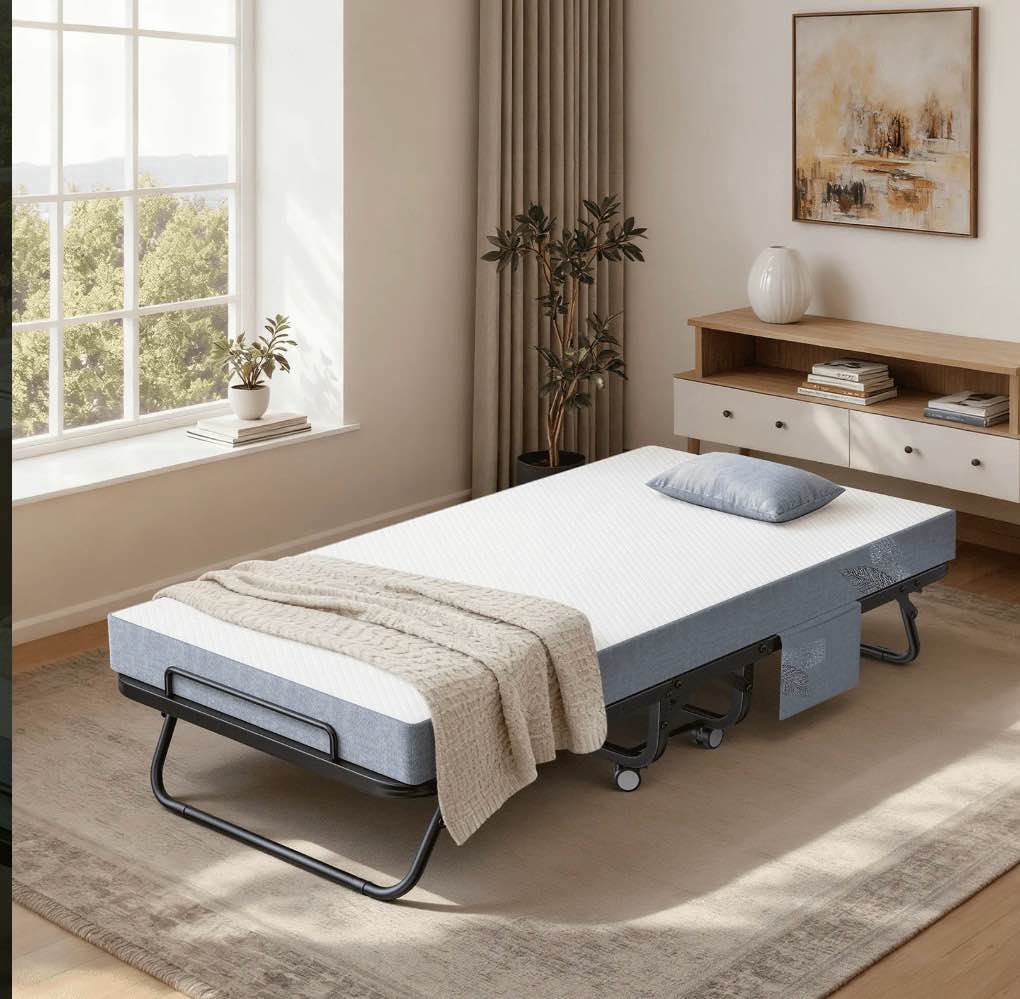 bonhappy 75" x 38" twin size rollaway bed, portable folding guest bed with 5" memory foam mattress, fits twin sheets, heavy duty metal frame for adults