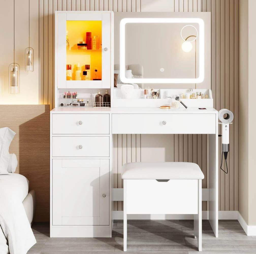 uhomepro vanity set with mirror, white makeup desk with charging station and led strip, makeup dressing table set for women, ladies gifts