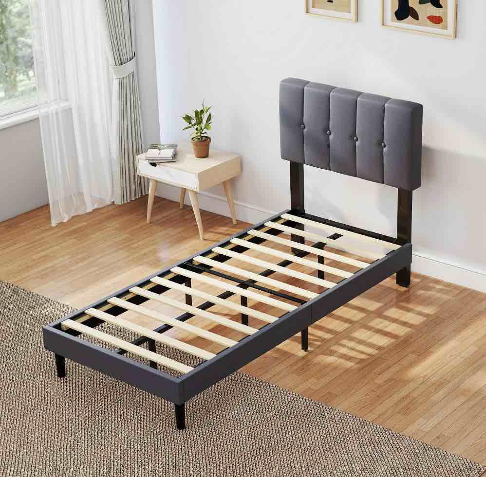 Condition photo showing New/Like New for EDX Twin Size Platform Bed Frame, Fully Upholstered Mattress Foundationwith Fabric Upholstered Headboard and Wooden Slats Support, No Box Spring Needed, Grey