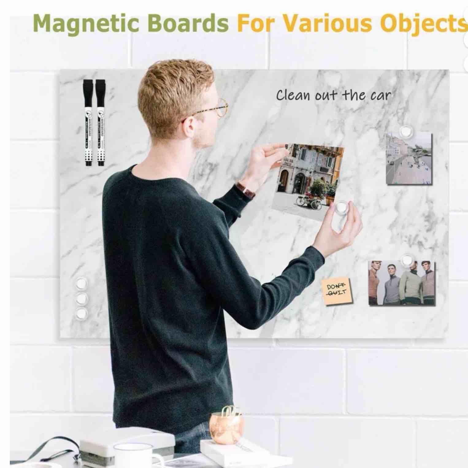 magnetic dry erase board 18 x24  decorative white board for wall with white marble pattern design white board for home office decor bedroom  kitchen  classroom includes 6 magnets and 2 markers