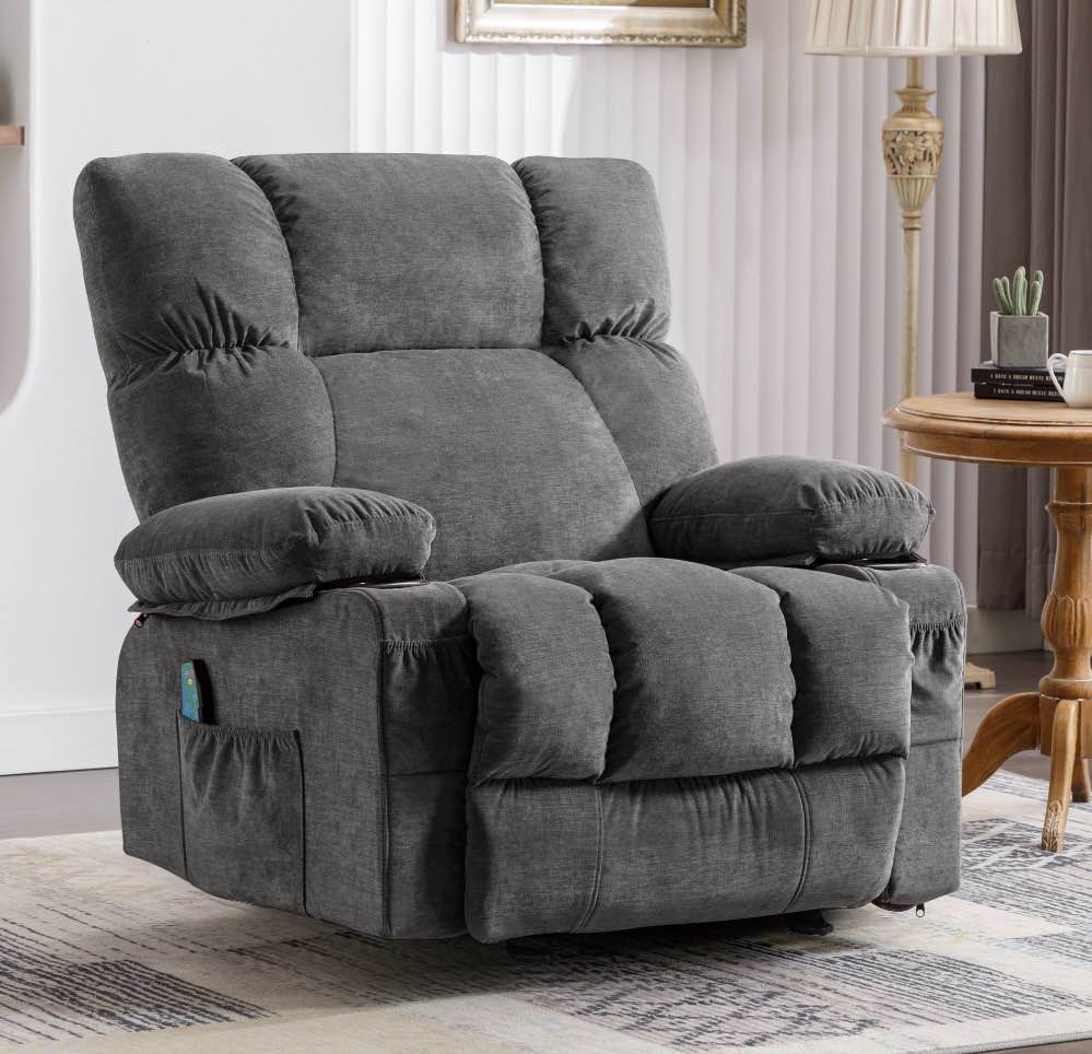 jonpony manual recliner chair with heat therapy and massage function, heavy duty reclining mechanism massage chair, elderly single rocker sofa with cup holders for bedroom home theater,grey