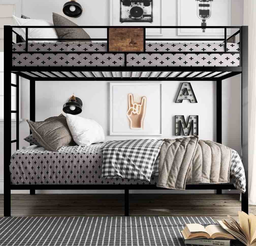 amolife metal twin over twin size bunk bed frame with stairs & full-length guardrail  black