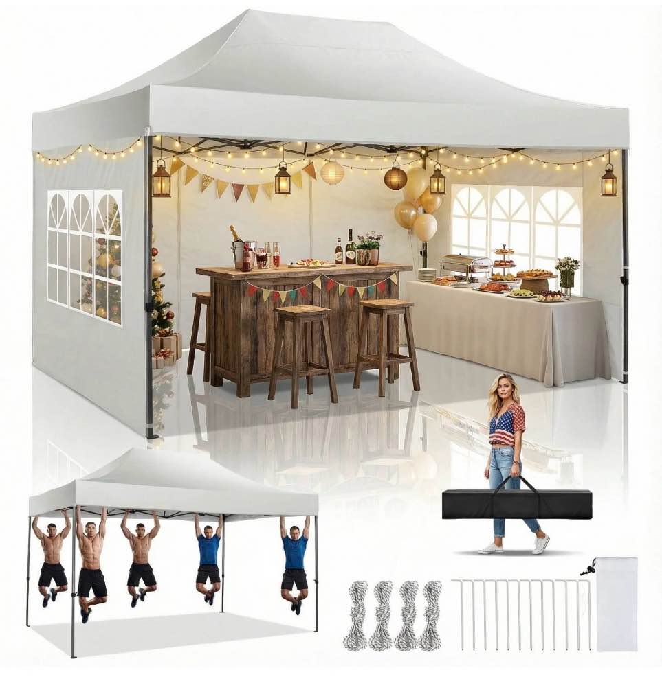 cobizi 10x15 pop up canopy heavy duty party tent with 4 sidewalls,outdoor waterproof pop up canopy tent event shelter for parties,commercial-series,camping,event,white(frame thickened)