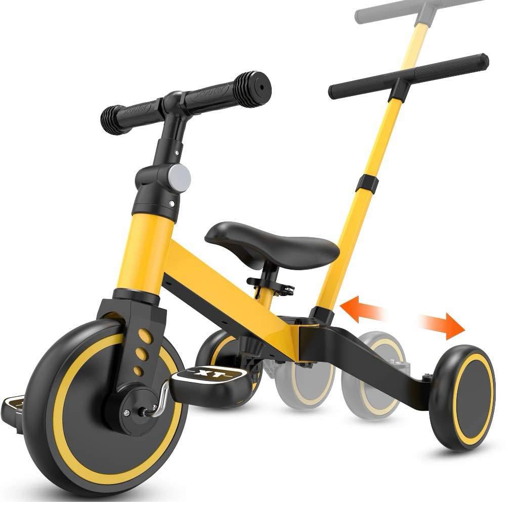 tntants 4 in 1 toddler bike, kids tricycle for 1-5 years old, toddler tricycle for boy girl, baby balance bike with parent steering push handle, removable pedal, adjustable seat yellow