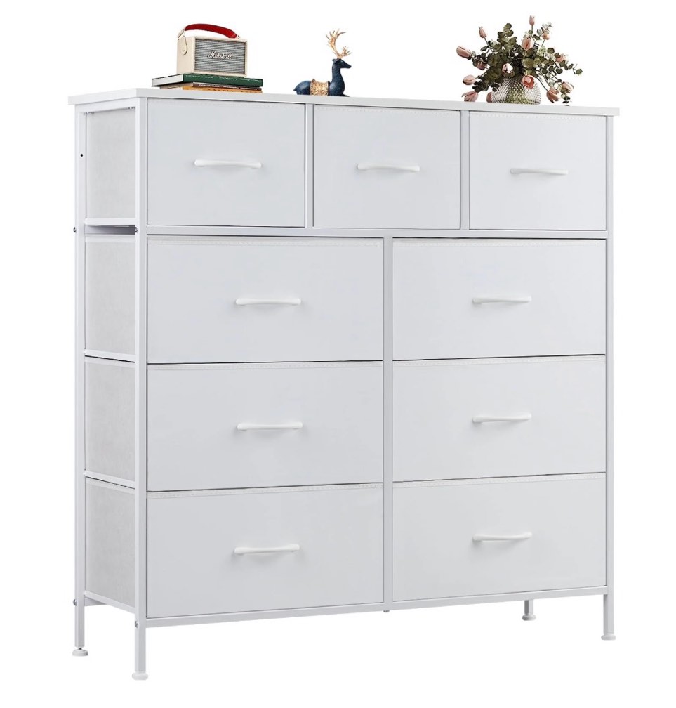 zunmos fabric storage dresser with 9 drawers, steel frame and wooden top for bedroom, closet and entryway , white
