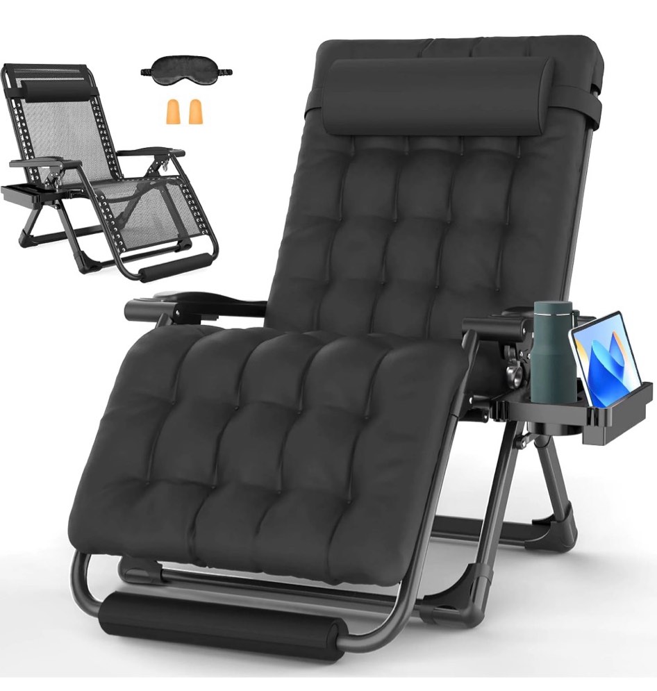 gvdv oversized zero gravity chair, 33in xxl lounge chair 500lbs capcity with removable thick cushion, lawn patio reclining chair upgraded alloy lock and cup holder, for indoor outdoor, black