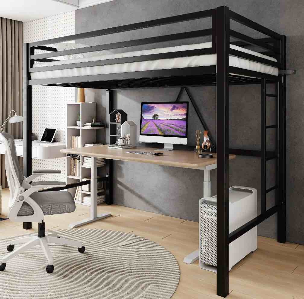 Amolife Twin Size Heavy Duty Metal Loft Bed with Removable Ladder & Full-Length Guardrail  Black