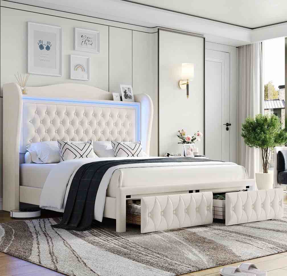 homfa queen size led bed frame with storage drawers, 54in tall velvet upholstered headboard platform bed with wingback buttons headboard, beige