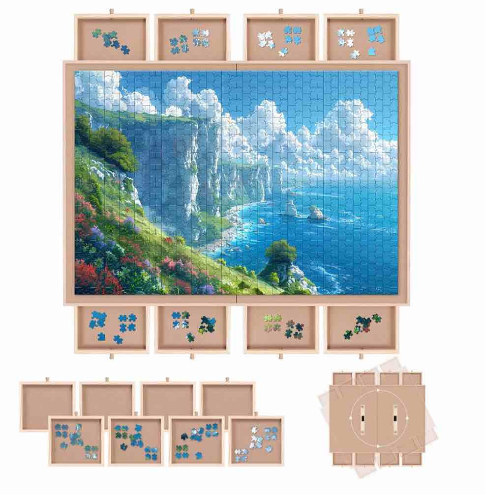 1500 piece puzzle board with cover and 8 drawers , 34" x 26" wooden rotating jigsaw puzzle table, fold spinning puzzle boards for adults