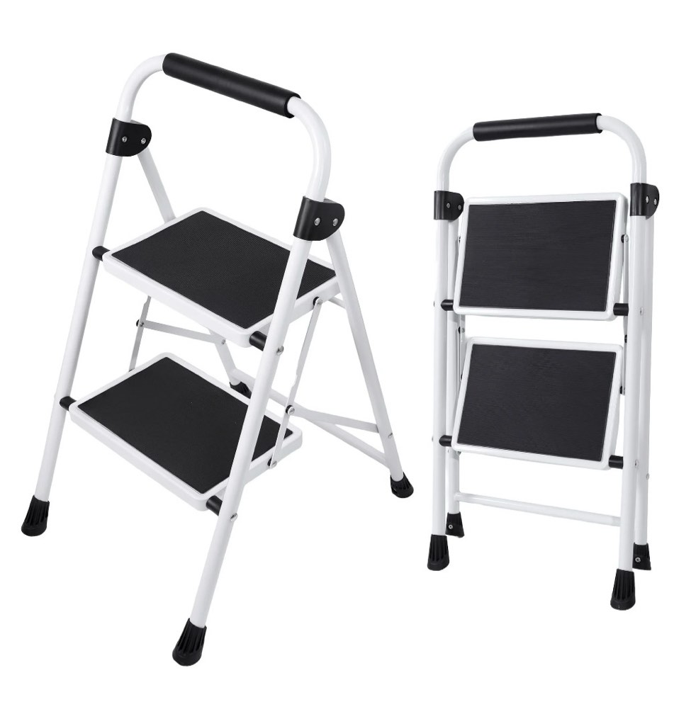 edx 2-step folding step stool for adults - 330 lbs capacity, sturdy steel frame, wide non-slip pedal & top handrail, lightweight portable ladder for home kitchen, black