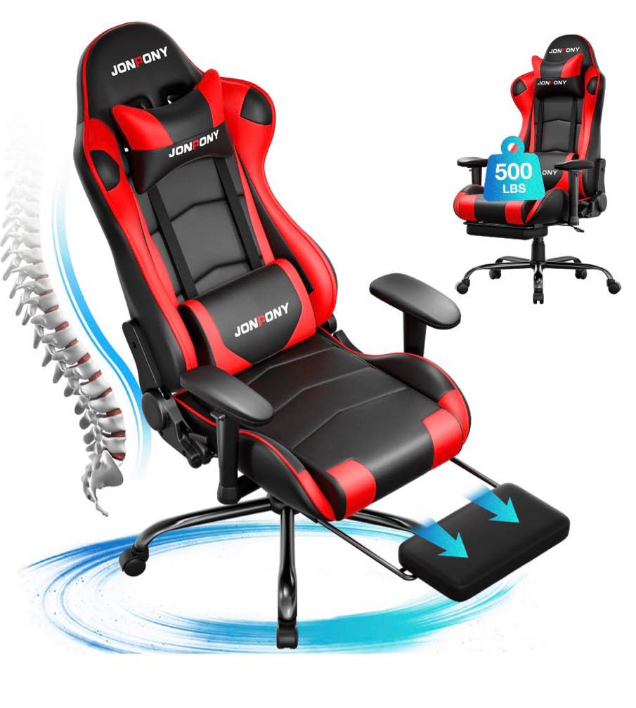 jonpony big and tall 500lbs gaming chair, ergonomic design, gamer chair pu leather with footrest and lumbar support, high back office chair support 8 hours long sitting,red computer chair,red