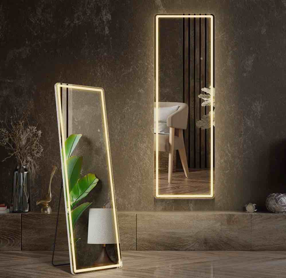 edx led full body mirror 64 x 21 rectangle wall mounted free standing leaning for home  white
