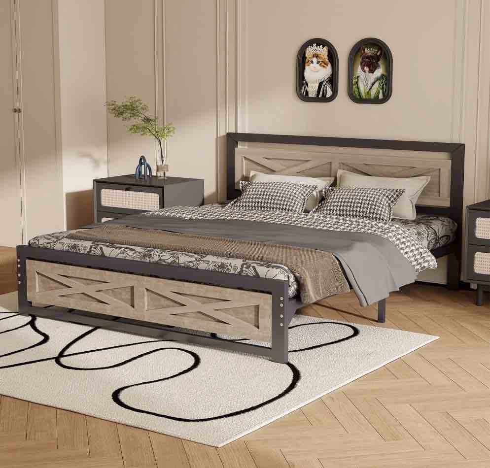behost full size bed frame, farmhouse wood metal platform full bed frame with headboard and 11" underbed storage