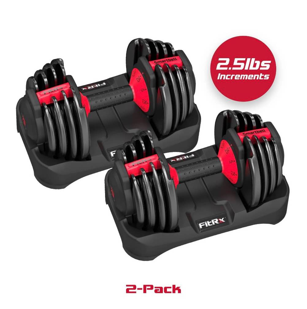 fitrx smartbell 2-pack  two 25lbs. quick-select 9 in 1 adjustable dumbbell for home gym  5-25lbs. weight in 2.5lbs increments