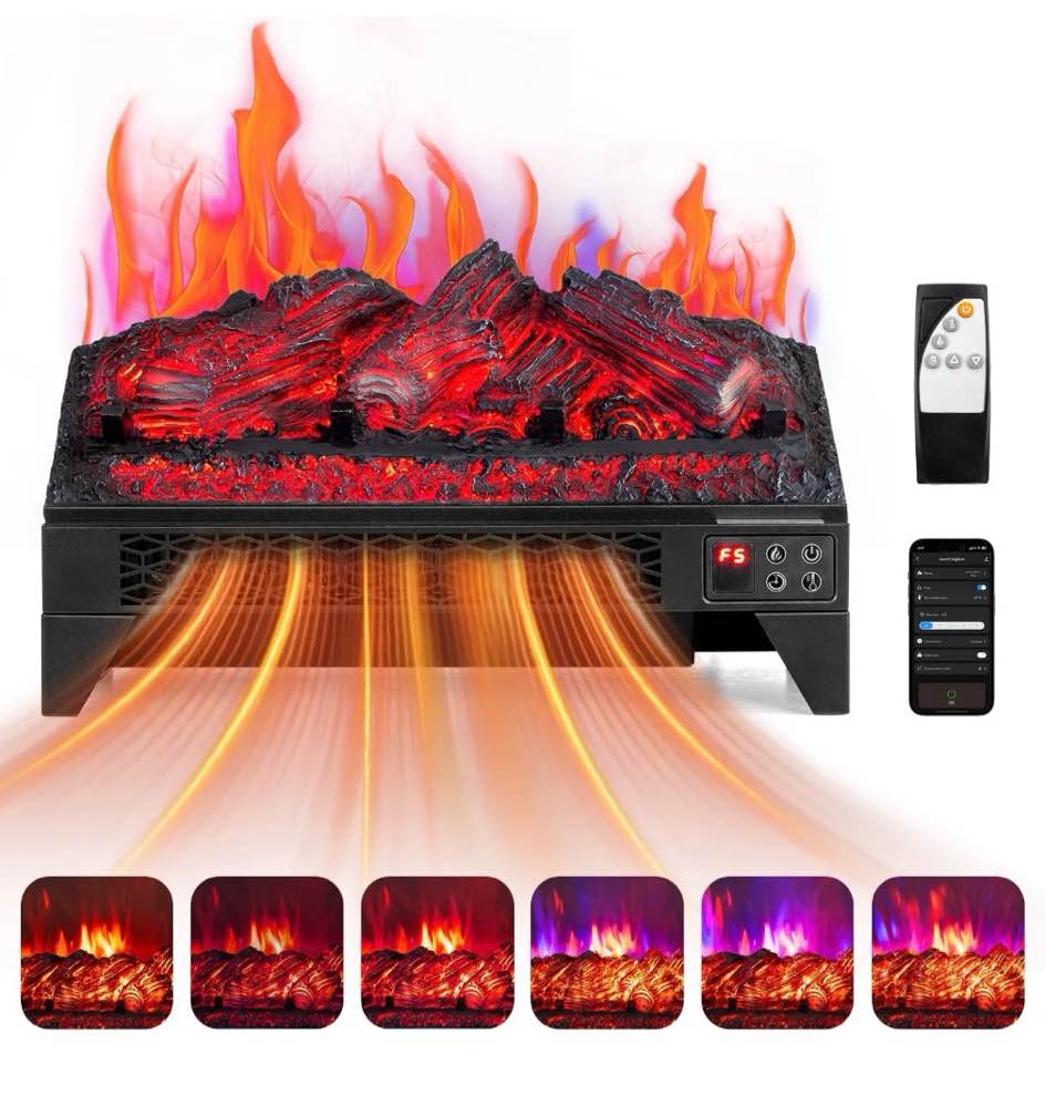 zimtown 18'' electric fireplace insert w/remote & wifi control, faux fireplace logs w/timer, overheat protection, adjustable flame and brightness, csa listed for home living room bedroom
