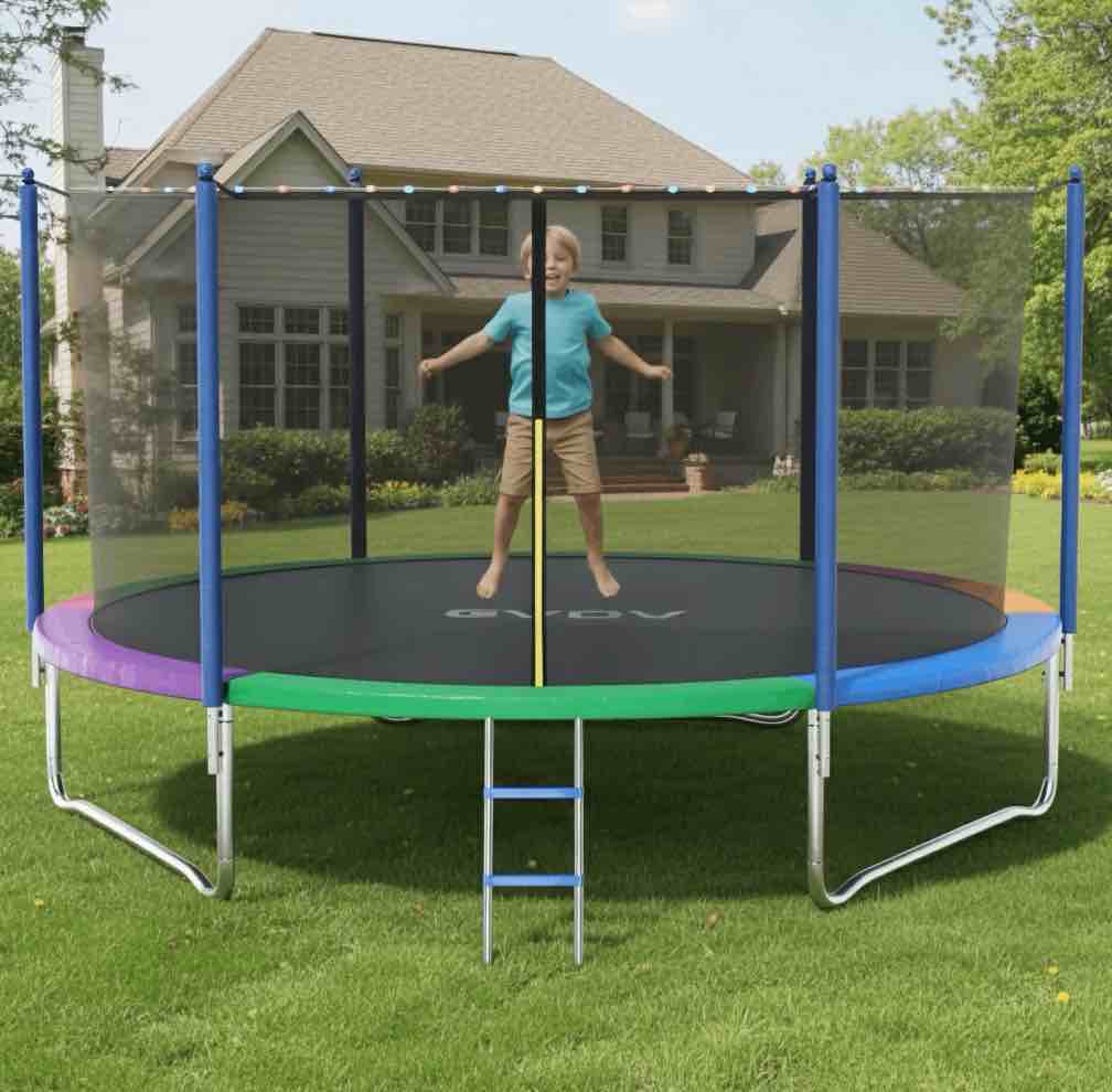 gvdv outdoor trampoline, 10' backyard recreational trampoline with enclosure for kids & adults