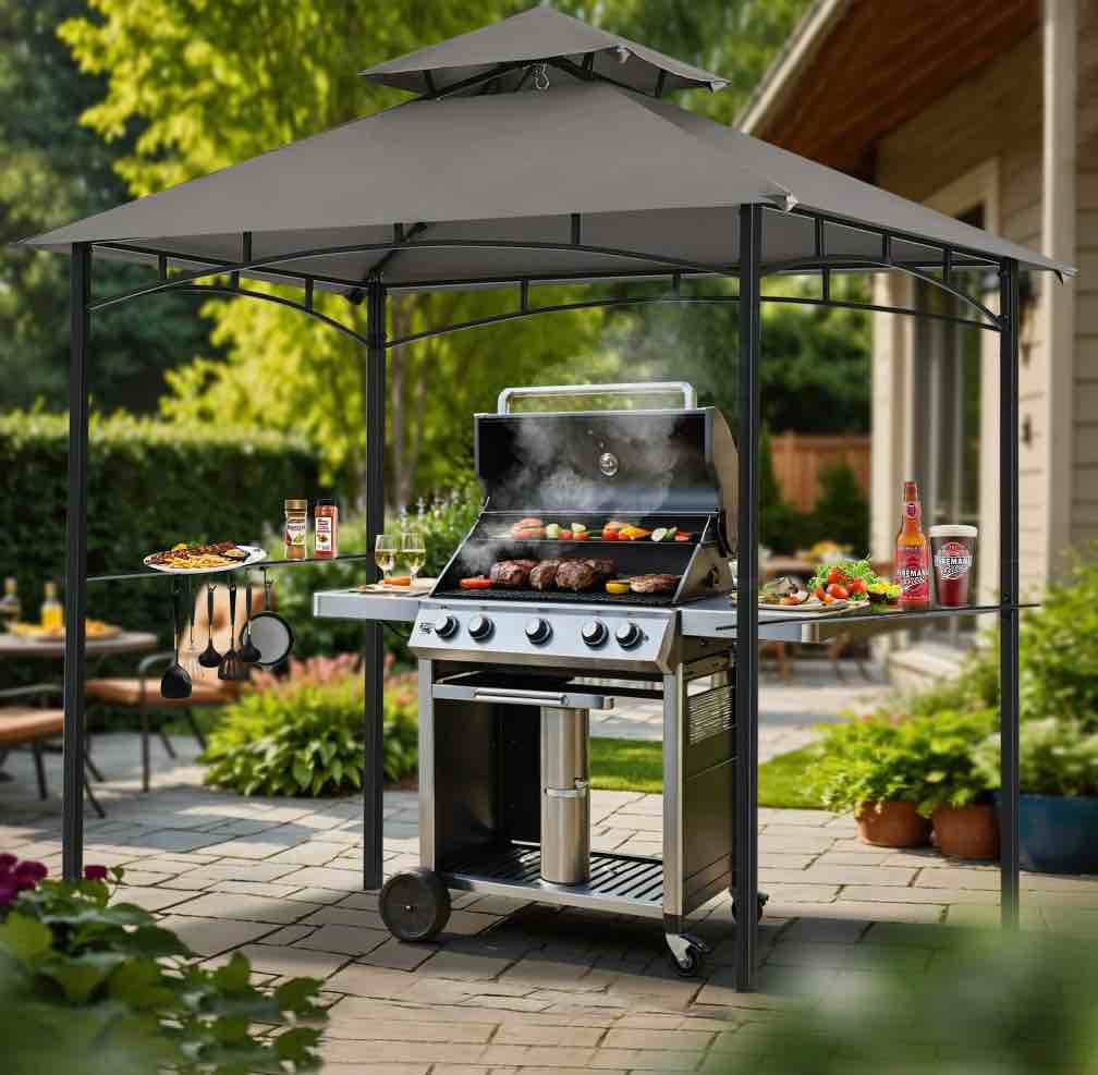 mastercanopy 8' x 5' grill gazebo outdoor bbq gazebo canopy with led lights for patio, dark gray