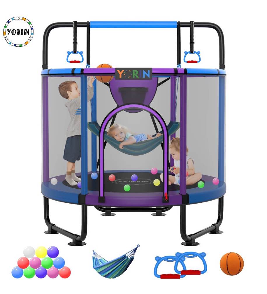 yorin trampoline for kids, 5ft toddler mini trampoline with enclosure net, basketball hoop, 60'' indoor/outdoor kids trampoline with swing, adjustable gymnastics bars, gifts for boys & girls, 600lbs