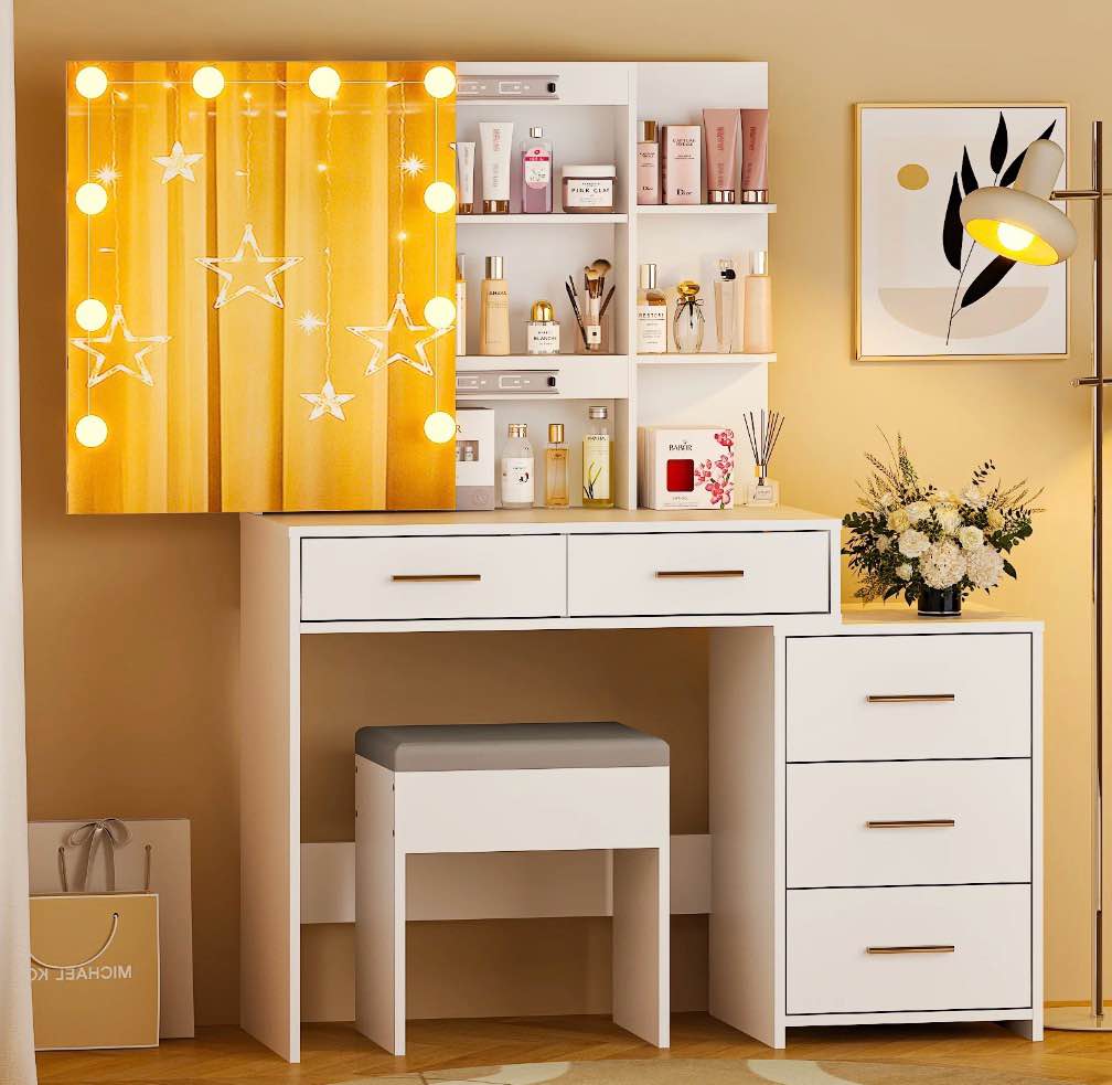 ktaxon lighted makeup vanity table set, dressing table with sliding mirror, vanity desk , white