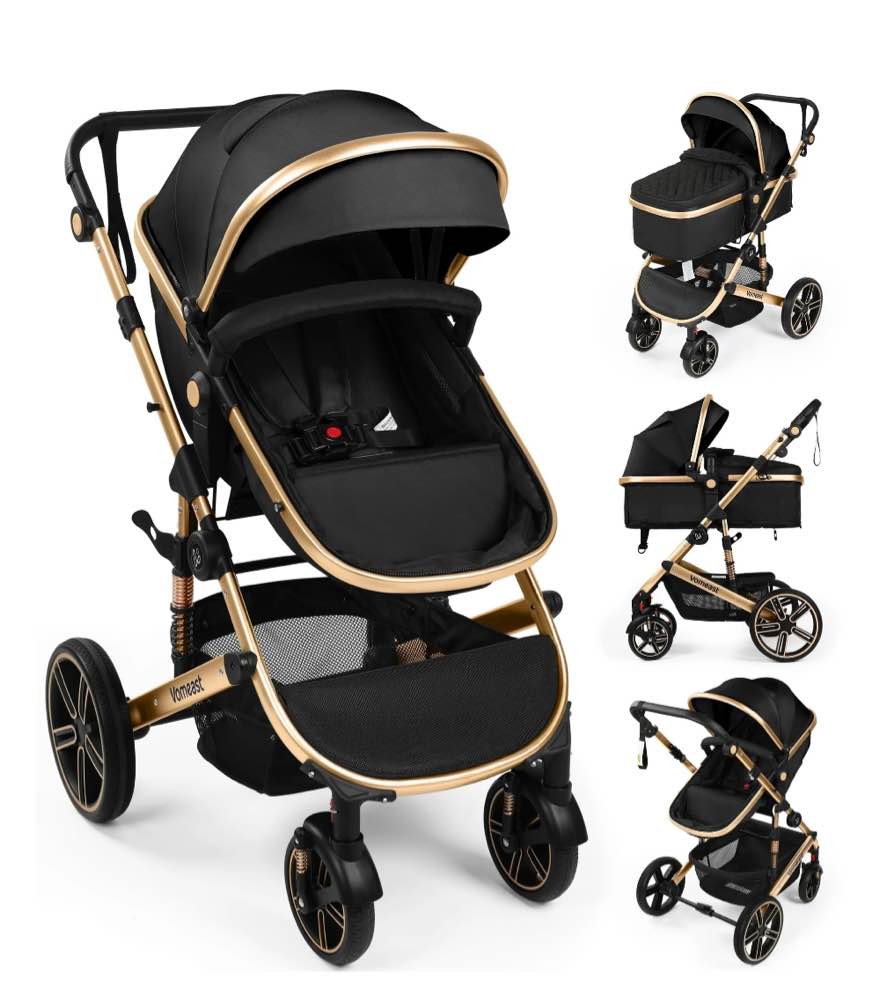 vomeast baby stroller, foldable aluminum alloy stroller with reversible, travel stroller for newborn infant, black